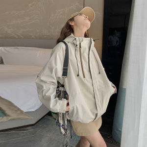 Khaki Hooded Jacket Womens Spring Autumn New Korean Version Small Size Loose Versatile Workwear Top Zipper Pocket Pure Color