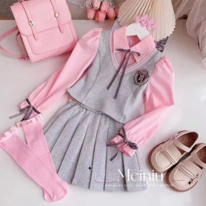 Girls School Uniform Set Spring Autumn Plaid Skirt Two-Piece Suit Childrens College Style Fashionable Birthday Party Wear