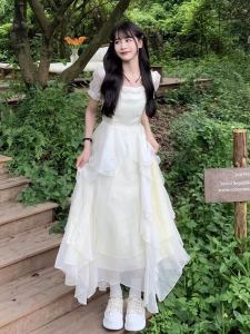 French Style White Short Sleeve Dress Womens High Waist Slimming Fairy Skirt Summer Season Bubble Sleeve A-Line Gown