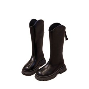 Girls Long High-Tube Fleece-Lined Martin Boots Flat Bottom Leather Boots Childrens Autumn Winter Fashion Boots round Toe Rubber Sole