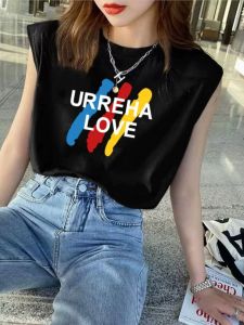 เสื้อยืดแขนกุดสีดำหลวมๆ สำหรับผู้หญิง ฤดูใบไม้ผลิและฤดูร้อน 2025 เสื้อเชิ้ตแขนกุดแบบลำลอง สไตล์เกาหลี เสื้อเชิ้ตคอตตอนผสมโพลีเอสเตอร์