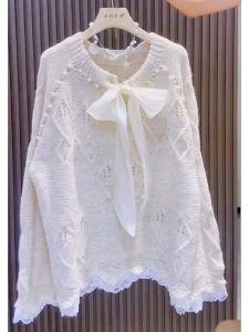 QINGNAER | French Style Heavy Embroidery Bow Lace Knitted Sweater