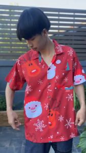 เสื้อเชิ้ต เสื้อฮาวาย ผ้าไหมอิตาลี วินเทจ ลายซานต้ากวางแดง ลายคริสต์มาส E88