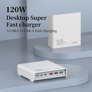 LDNIO 3USB-A+3USB-C QC3.0 2.0 AFC FCP VOOC Fast Charging 120W Desktop Charging Station 6-Port USB Charger UK Plug