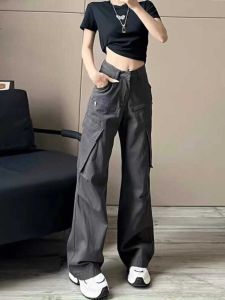 Quần Dài Ống Rộng Phong Cách Mỹ Cổ Điển Nhiều Túi Thời Trang Xuân Hè Quần Dài Thường Ngày Cho Nữ Cạp Cao Polyester