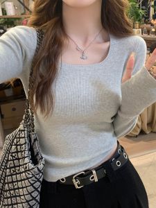Gray Knitted Long Sleeve Base Shirt Womens Spring Autumn Winter New Style High Sensation Slimming Inner Wear Commute Style