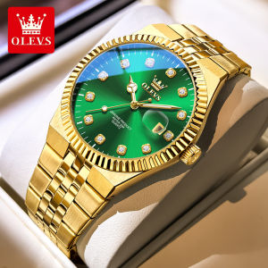 OLEVS watch for men green diamond dial calendar luminous fashion style stain steel strap mens watches