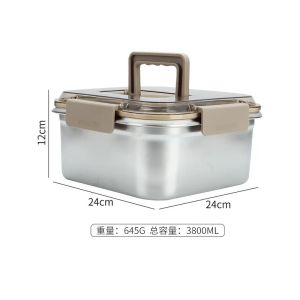 Thickened 304 Stainless Steel Large Capacity Fruit Preservation Basin Sealed Microwave Safe Fridge Storage Container Square Box