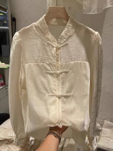 New Chinese Style Velvet Patchwork Beaded Button Loose Fit Slimming Stand Collar Womens Shirt Korean Commute Style Long Sleeve