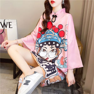 เสื้อยืดผู้หญิงทรงหลวมสไตล์เกาหลีคอตั้งแขนสั้นทรงหลวมพิมพ์ลายหน้ากากผู้หญิงไซส์ใหญ่ฤดูร้อนปี 2021