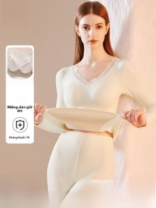 Quần áo giữ nhiệt nữ MiiOW lót lông cổ chữ V dài tay màu trơn