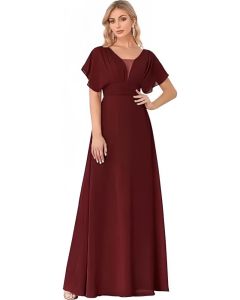 Elegant Chiffon V-NeckRuffle Mother Of The Bride Dresses Floor Length Pleated Empire Waist Formal Evening Dress with Cap Sleeve