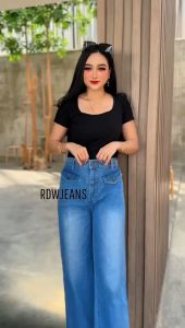 Celana Jeans Kulot Highwaist Model Kancing Tutup Warna Light Blue