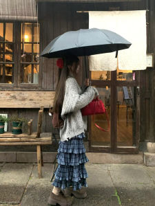 Blue Plaid plus Size Half Skirt Womens Spring New Style Puffy Cake Skirt Design High Waist Korean Version Polyester Fiber