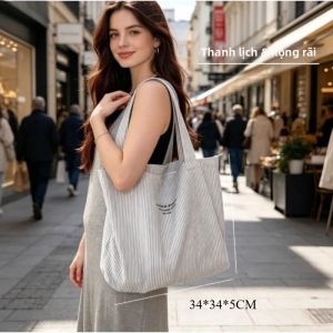 Túi Tote Vải Sọc Thư Giãn Thoải Mái Dung Tích Lớn Thiết Kế Tối Giản Phù Hợp Với Mọi Phong Cách Dùng Làm Túi Đeo Vai Cho Việc Đi Lại Hàng Ngày