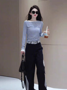 XUECAIQI | Large Size Stylish Korean Reducing-age Striped Off-the-shoulder Top Wide-leg Pants