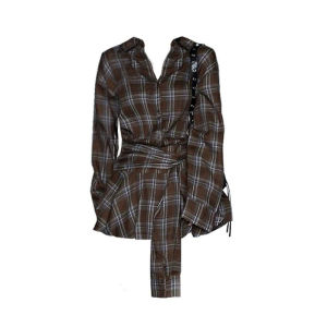 Retro Korean Waist-Cinching Plaid Shirt Womens Autumn New Advanced Loose Slimming Top Bow-Tie Design Polyester Fiber