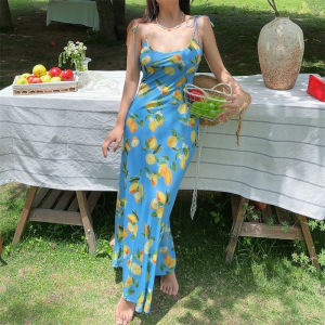 Australian Unique Lemon Print Slimming Long Dress Womens Vacation Strapless Waist-Cinching Maxi Dress Casual Polyester Fabric