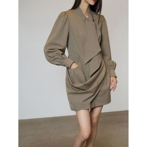 French Casual Style Cinched Waist With Ribbon Sash Womens Dress