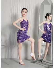 Girls Latin Dance Performance Costume Kids Camisole Backless Sequin Dress Stage Performance Outfit Dance Costume Dancewear
