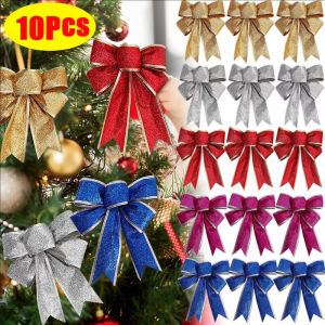 10Pcs Glitter Christmas Bow Ornaments Xmas Tree Bowknot Hanging Pendants Sequin Christmas Bow Decoration for Xmas Holidays Birthdays Party Supplies