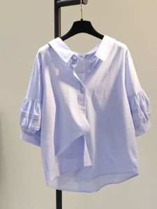 Brand Discount Cut Label Brand Counter Withdraw Export Doll Collar Lantern Sleeve Shirt Female Summer Loose Casual Cotton Linen Top