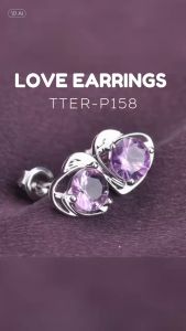 TINO TINO Anting Kristal Cubic Zirconia Bentuk Hati Berwadah Ungu dengan Logam Perak Murni