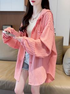 Pink Summer Thin Sleeveless Shirt Womens Outerwear Casual French Style Hooded Sun Protection Coat Loose Fit Mid-Length Coat