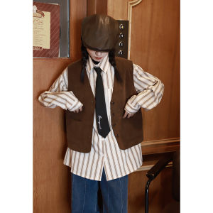 เสื้อกั๊กคอวีสีน้ำตาลสำหรับผู้หญิงผ้าลูกฟูกแบบใหม่ฤดูใบไม้ผลิปี2023เสื้อกั๊กผ้าลูกฟูกแนววินเทจใส่แล้วดูผอมเพรียวกระดุมแถวเดียว