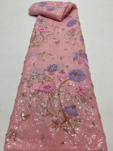 Luxurious Nigerian African Beaded Lace Fabric High Quality Sequins Embroidery African French Lace Fabric For Sewing 5 Yards AT28