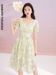 isabufei | Đầm Tuyết Lụa Bong Bóng Kiểu Chic Với Cổ Voan và In Hoa Văn