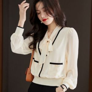 Womens V-Neck Long Sleeve Shirt Color Block Autumn Fashion Elegant Style French Lady Top Quality Material Trendy Design