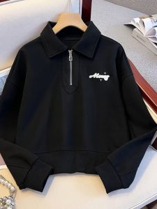 เสื้อสเวตเตอร์คอโปโลมีซิปครึ่งตัวสั้นสำหรับผู้หญิง ฤดูใบไม้ร่วง 2024 เสื้อแจ็คเก็ตสไตล์อเมริกันย้อนยุคใหม่ เสื้อผ้าทำงานสไตล์เกาหลี