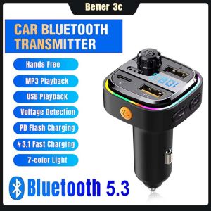 One Click Hands-Free Car Radio Modulator MP3 Player 2USB+Type C Bluetooth 5.0 FM Transmitter Digital Display Car Charger With RGB Colorful Light