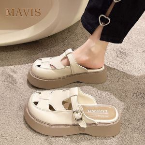Woven leather hollow toe wedge slippers for womens summer new vintage 4cm high slippers