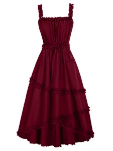 Red Off-Shoulder A-Line Dress with Belt Slimming Midi Skirt Backless One-Shoulder Evening Gown Polyester Fabric No Sleeve