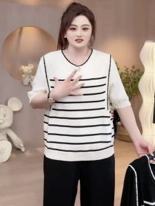 Plus Size Korean Style round Neck Shoulder Stripes Short Sleeve T-Shirt Womens Summer Plus Size Ladies Slim Looking Belly Covering Contrast Color Younger T-shirt