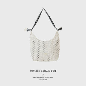 Himade Japanese and Korean Artistic Canvas Bag Girls Polka Dot Crossbody Shoulder Bag Large Capacity Work Clothing Lightweight Tote Bag