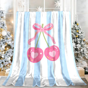 Beast Kingdom | Coquette Pink Cherry Bow Stripe Flannel Blanket Soft Fuzzy Plush Cozy Warm Throw for Sofa Bed Couch Home Decor