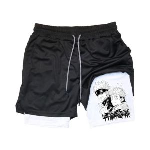 Bandai | Jujutsu Kaisen Mens Double Layer 2-in-1 Shorts Satoru Gojo Itadori Yuji Japanese Anime Summer Fake Two Piece Sports Shorts