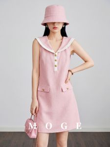 French Style Pink Sailor Neck Sleeveless Dress
