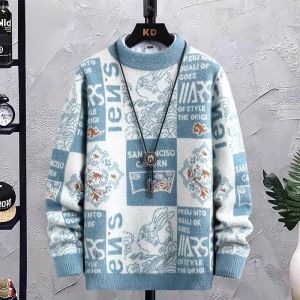 ROMON | Loose Fit Round Neck Mens Knitwear Romon Winter Fashion Casual Warm Mink Velvet Inner Layer Color Block Design Comfortable