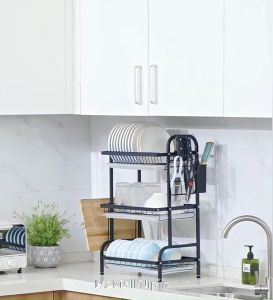 Nipiin 2-Tier Dish Drainer Dish Drying Rack Countertop Plate Organizer Storage Shelf Kitchen Rack Utensil Holder Plate Storage Organizer