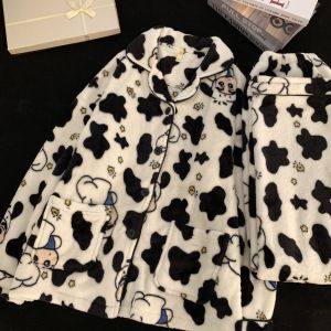 ชุดนอนผ้าฟลานเนลบุขนแกะหนาสำหรับคู่รัก ชุดนอนผ้าขนแกะคอรัลสำหรับฤดูใบไม้ร่วงและฤดูหนาว ชุดนอนผ้าขนแกะสำหรับนักเรียน