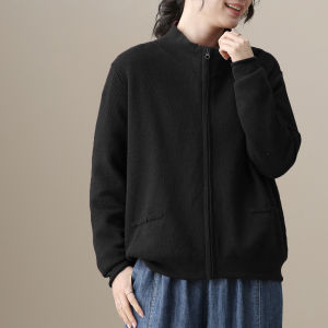 Loose Fit Pure Cotton Knitted Zip up Top Womens Solid Color Spring Outerwear Comfortable Casual Style Long Sleeve round Neck