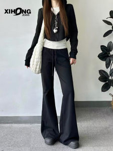 กางเกงขายาวทรงหลวมเอวต่ำสำหรับผู้หญิง ทรงหลวม กางเกงขายาวทรงหลวมผ้าฝ้ายผสมโพลีเอสเตอร์ฤดูใบไม้ร่วง/ฤดูหนาว