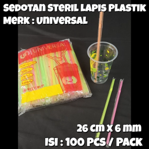 Sedotan Steril Lapis Plastik Neon UNIVERSAL 6 mm Isi 100 Pcs / Sedotan Bengkok