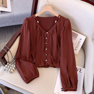 เสื้อเชิ้ตผ้าชีฟองสีแดงส้มคอวี ทรงหลวม แขนยาว ทรงสั้น สำหรับผู้หญิง ฤดูใบไม้ร่วง 2024 แฟชั่นสตรีท วัสดุโพลีเอสเตอร์