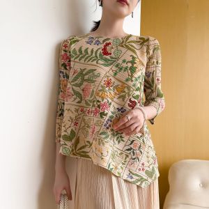 Miyake New High-End Pleated Print Versatile Casual Top T-Shirt 7161-1