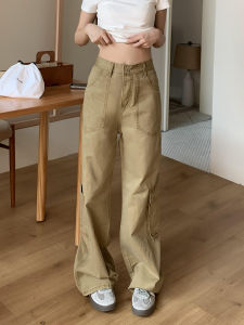 American Retro Multi-Pocket Work Pants Women Loose Casual Straight Leg Floor-Length Wide Leg Pants Orange Tree Beauty